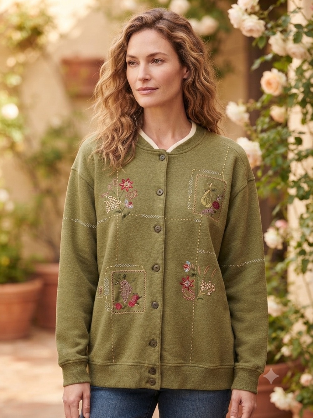 Alfred Dunner Fall Leaves Thanksgiving Embroidered Beaded Button Down Sweater